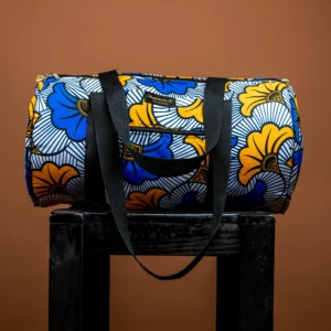 Sac de voyage polochon en wax bleu et jaune avec anses noires