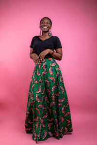 Jupe longue taille haute wax vert et rose